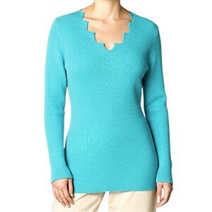 Madeline Blue Ribbed Scallop Neckline Shirt Women's Size M NWT